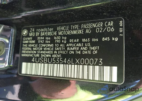 2006 BMW Z4 3.0Si из США, поврежденный, VIN 4USBU53546LX00073